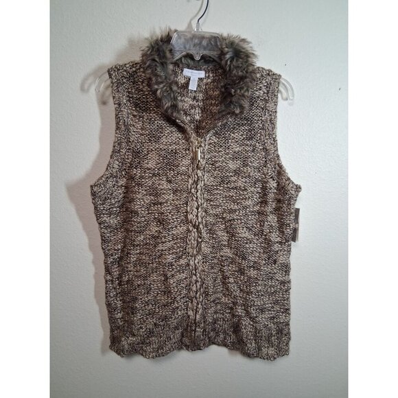 Charter Club Sweaters - NWT Charter Club Sweater Vest Full Zip Faux Fur Winter Y2K Brown Size 0X (Large)
